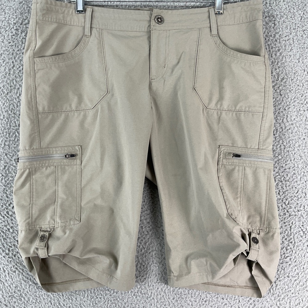 KUHL Cargo Shorts Women 14 Tan Ripstop Hiking Utility Cinch Hem Outdoor